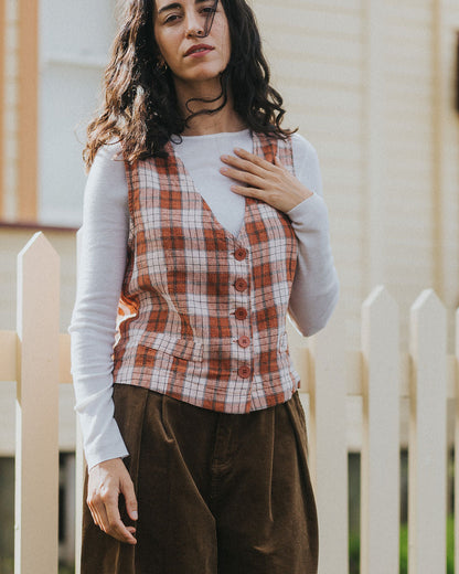 Chloe French Linen Vest / Waist Coat in Clay Check