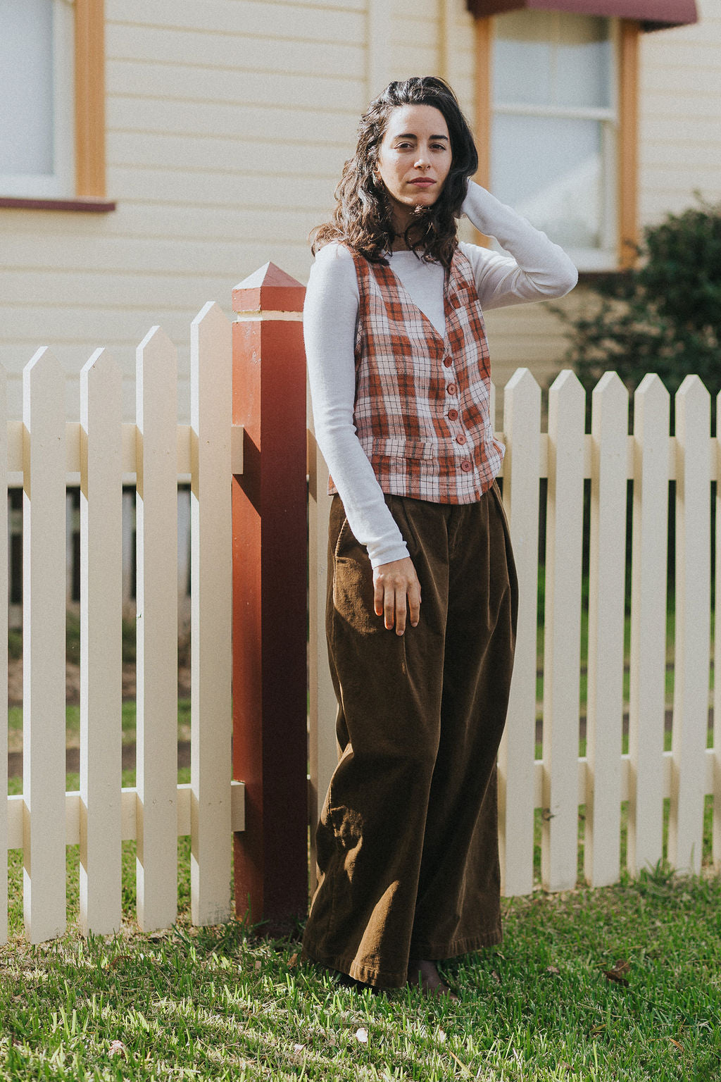 Chloe French Linen Vest / Waist Coat in Clay Check