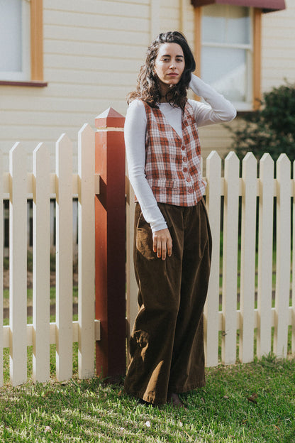 Chloe French Linen Vest / Waist Coat in Clay Check