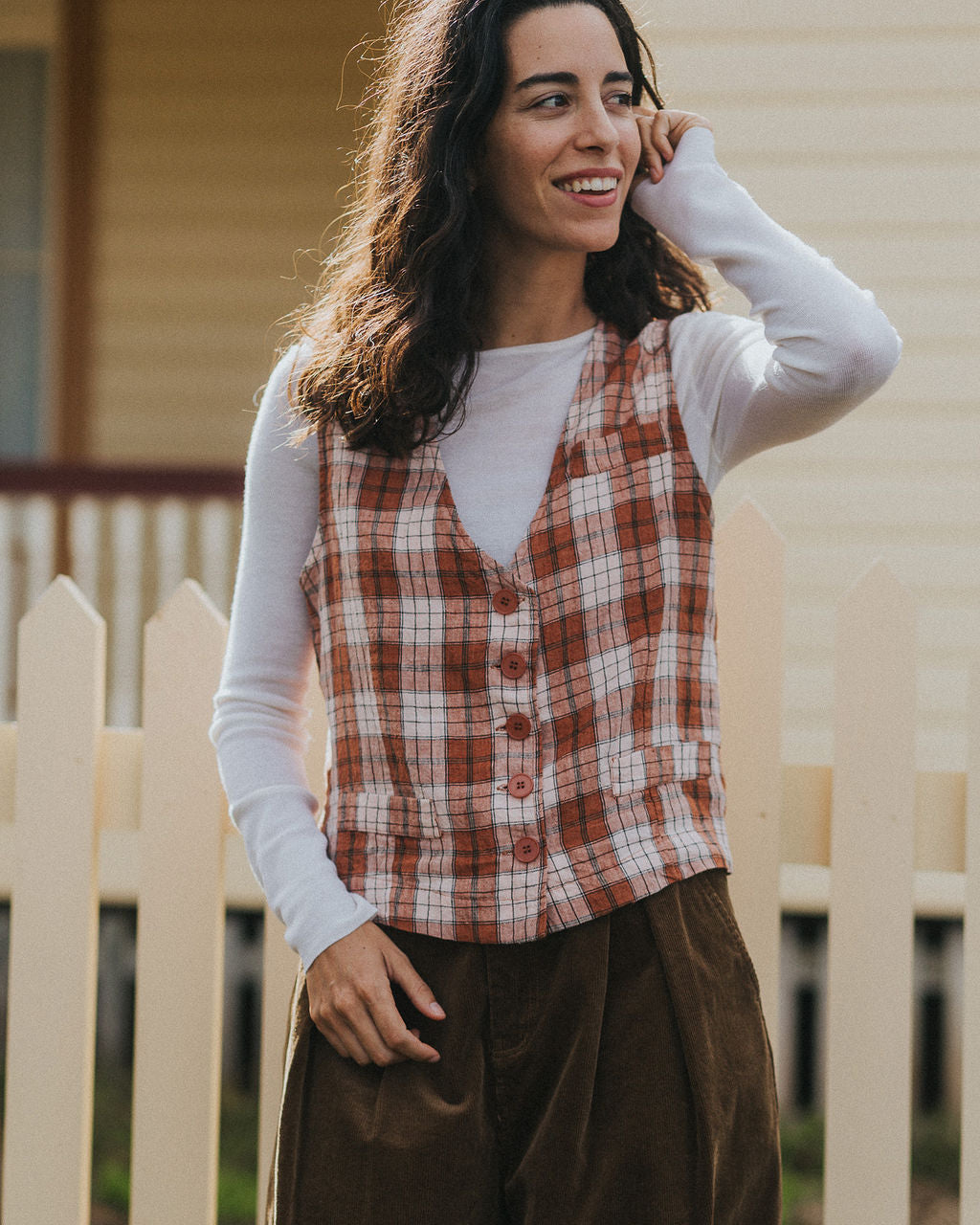 Chloe French Linen Vest / Waist Coat in Clay Check