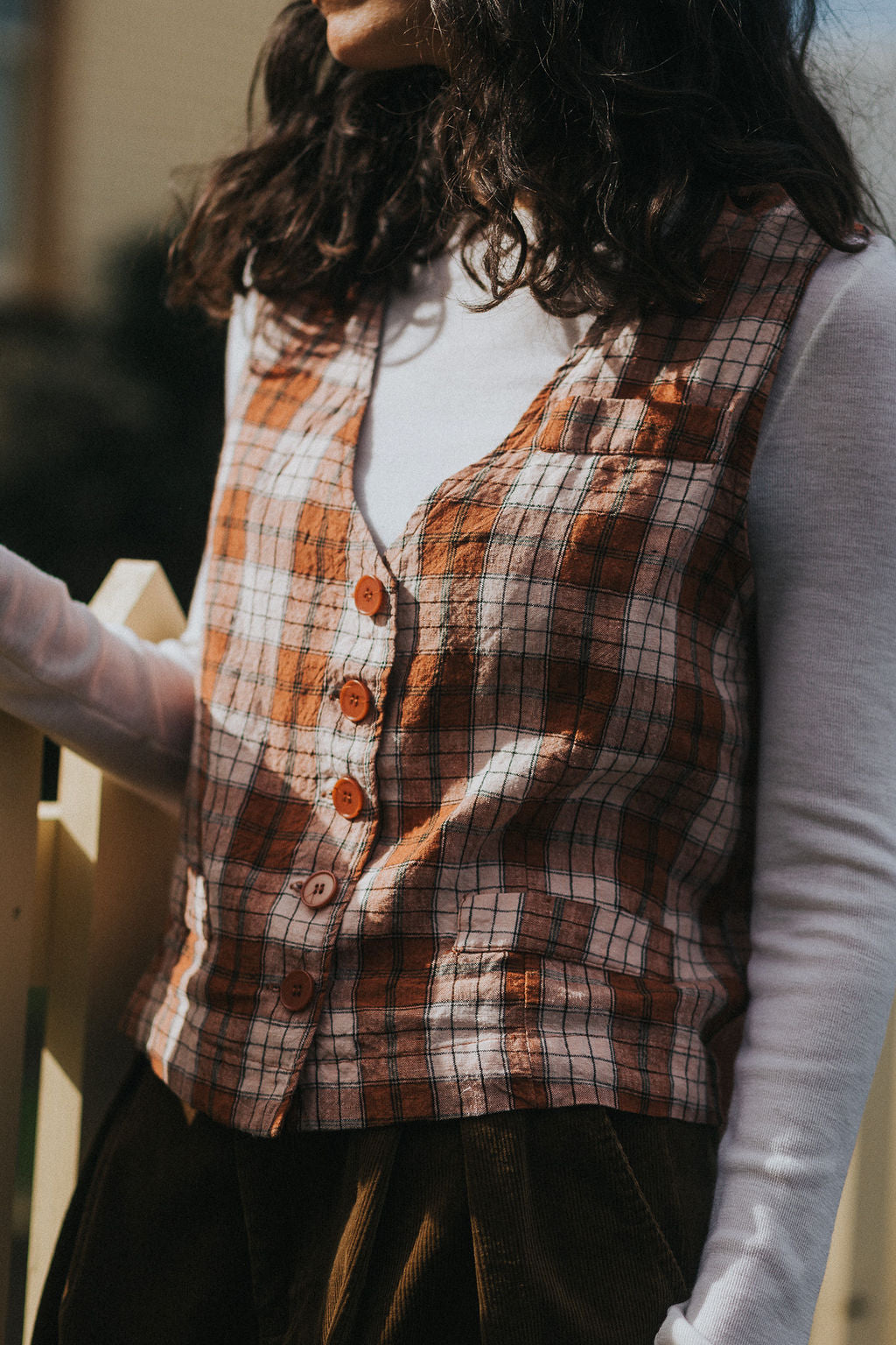 Chloe French Linen Vest / Waist Coat in Clay Check