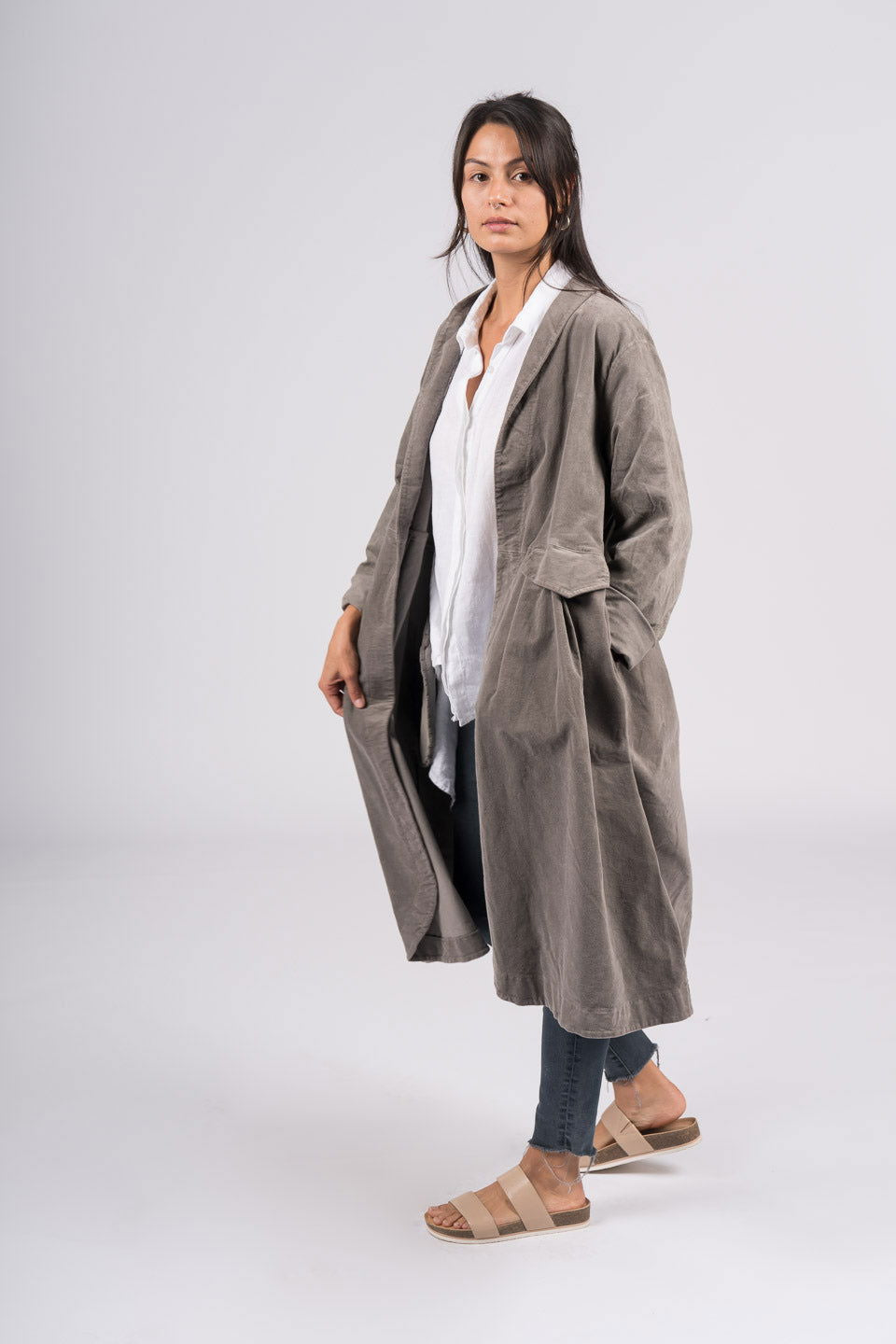 Frederic x Montaigne Pissarro Longline Velvet Coat Mushroom