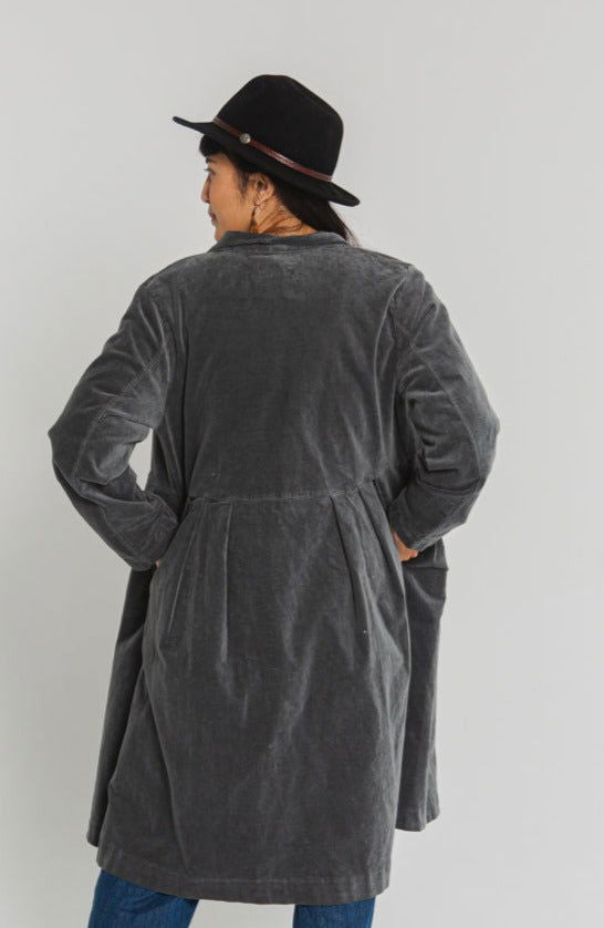 Frederic x Montaigne Pissarro Longline Velvet Coat Petrol1