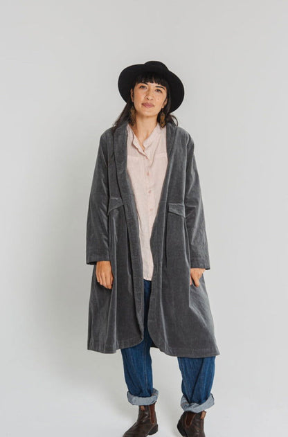 Frederic x Montaigne Pissarro Longline Velvet Coat Petrol2