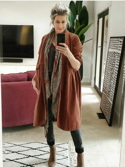 Frederic x Montaigne Pissarro Longline Velvet Coat Tobacco1