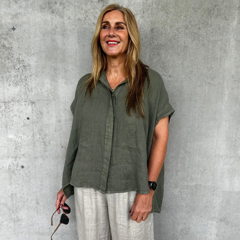 Montaigne Marcella Linen Button Up Shirt Khaki2