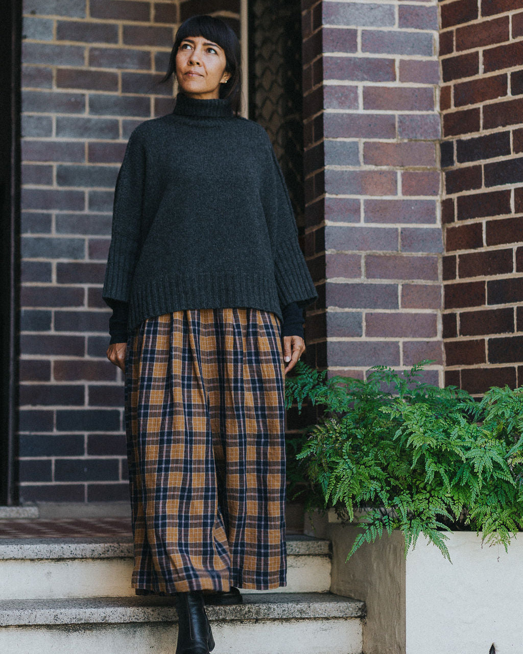 French Linen Culottes in Blue Tweed Check