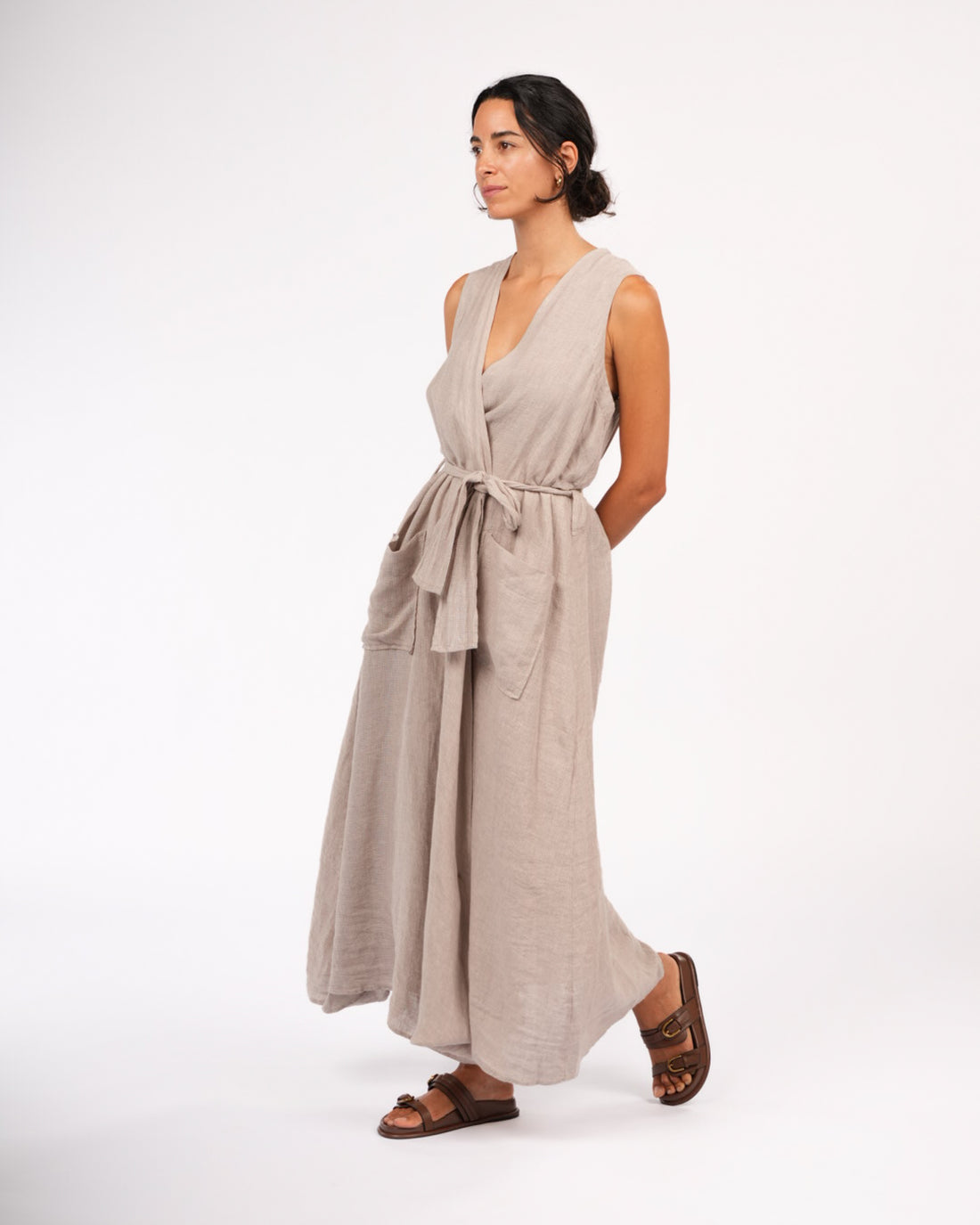 Genevieve Wrap-Around French Linen Dress in Natural Houndstooth