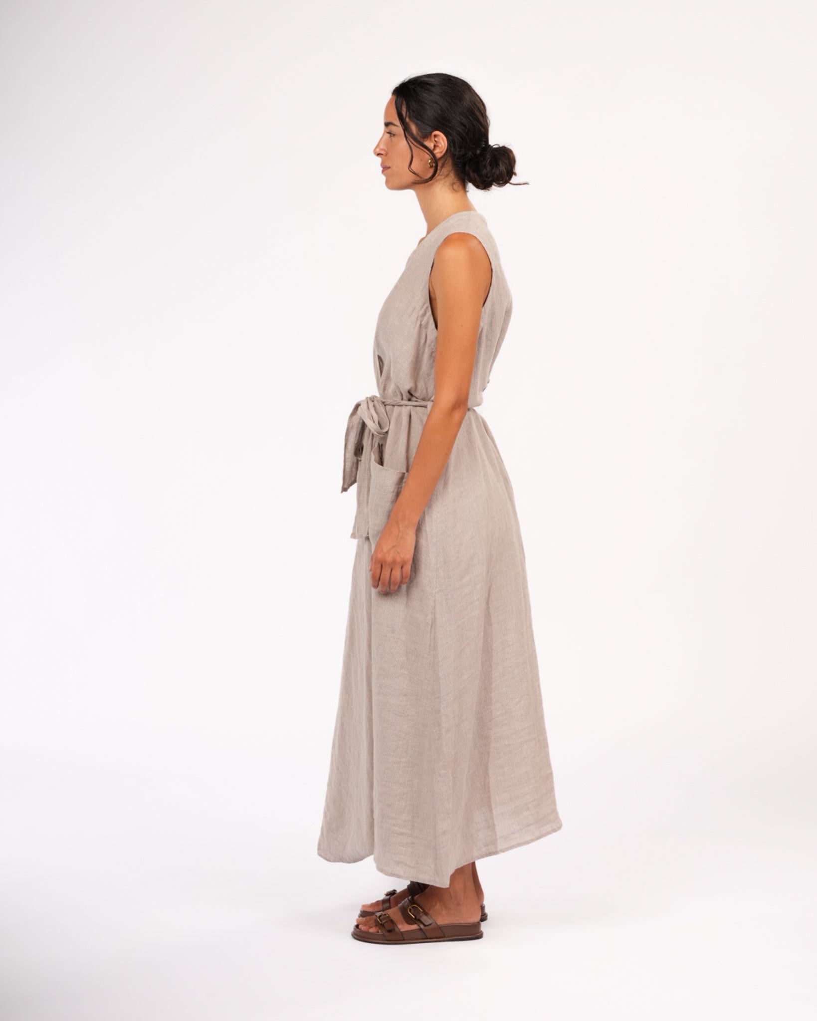 Genevieve Wrap-Around French Linen Dress in Natural Houndstooth