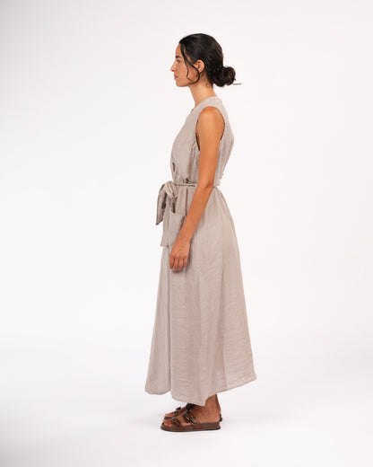 Genevieve Wrap-Around French Linen Dress in Natural Houndstooth