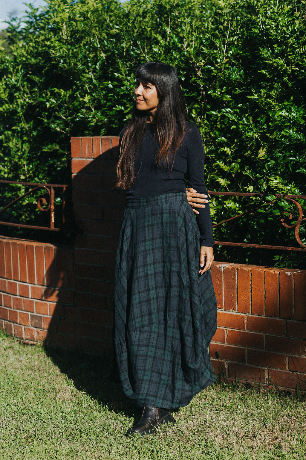 Lavigne Asymmetrical Linen Skirt in Blue Tartan