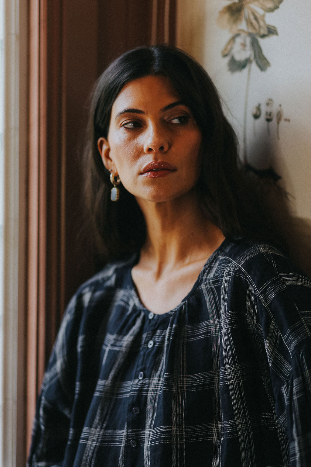 Montaigne Dante Navy Check Linen Top1