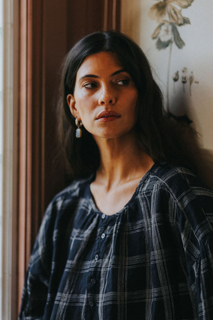 Montaigne Dante Navy Check Linen Top1