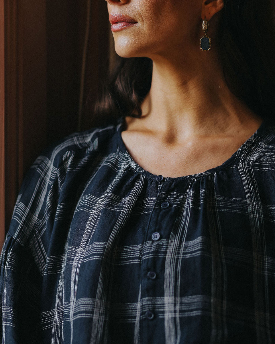 Montaigne Dante Navy Check Linen Top3