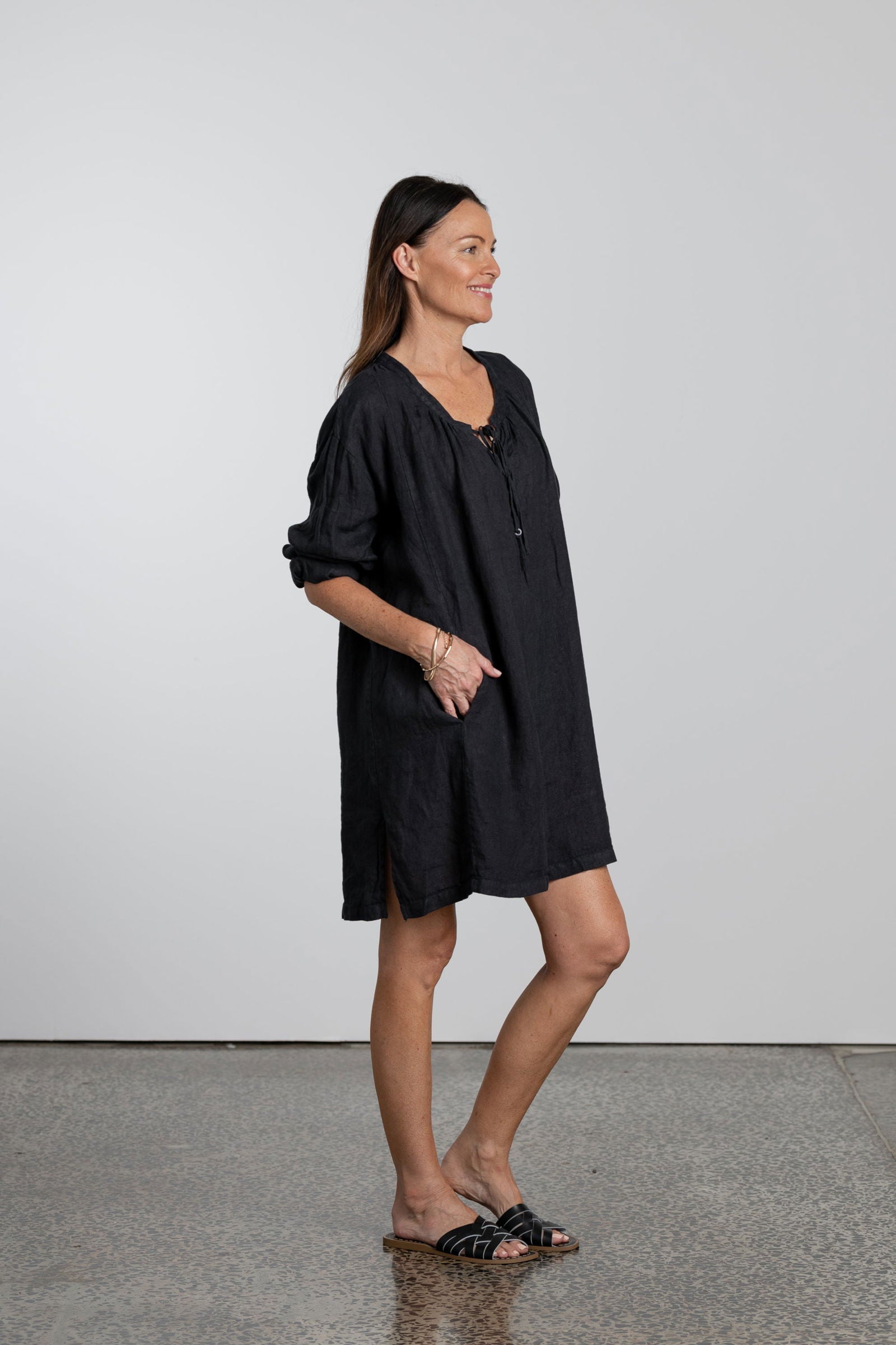 Montaigne Adele Linen Smock with Front Tie Black