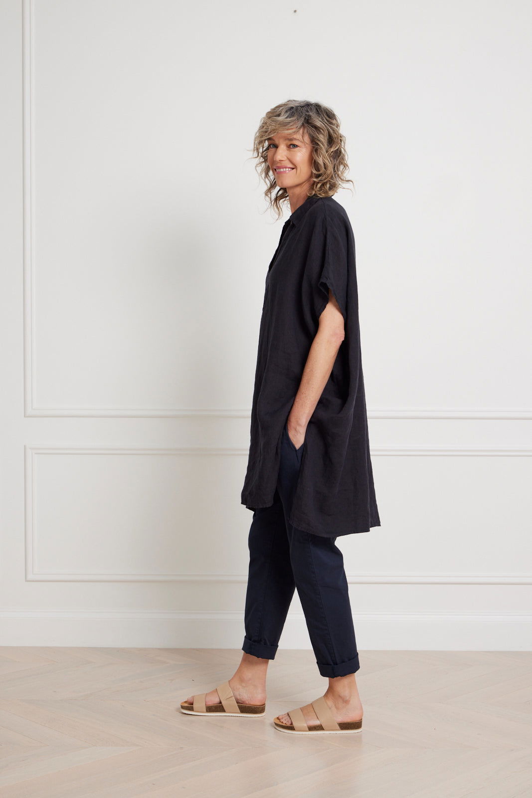 Montaigne Adrienne Linen Collared Shirt Navy1