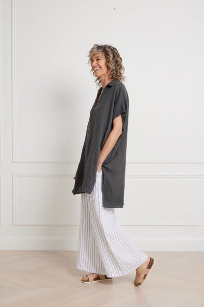 Montaigne Adrienne Linen Collared Shirt Petrol1