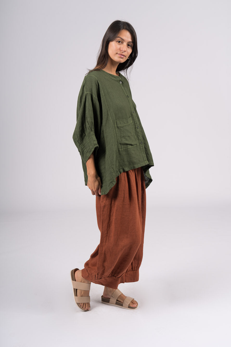 Montaigne Agathe Short Sleeve Linen Top Forest Green