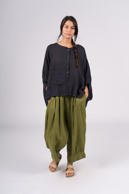 Montaigne Agathe Short Sleeve Linen Top Navy2