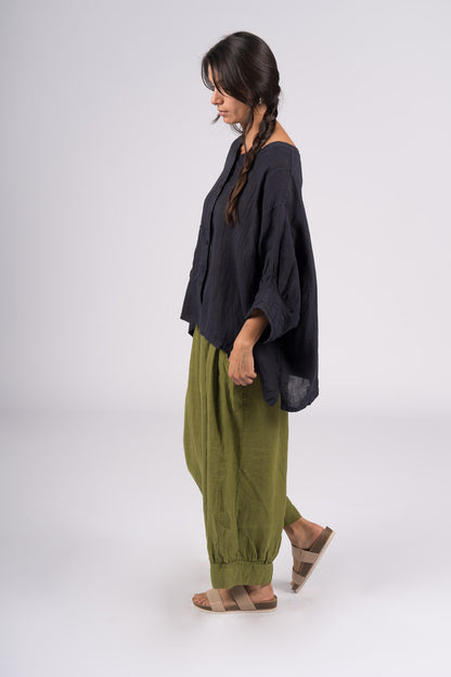 Montaigne Agathe Short Sleeve Linen Top Navy3