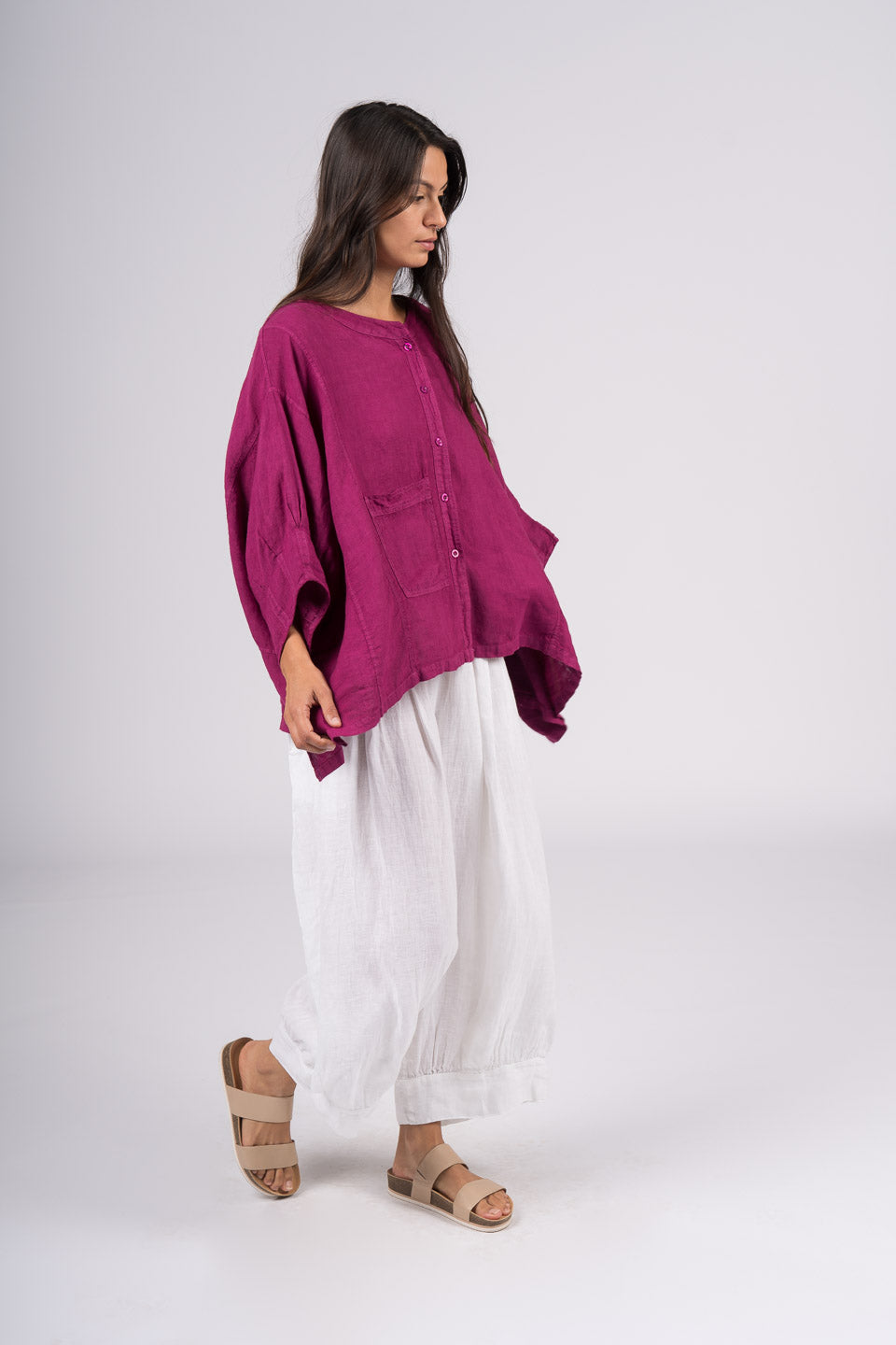 Montaigne Agathe Short Sleeve Linen Top Orchid1