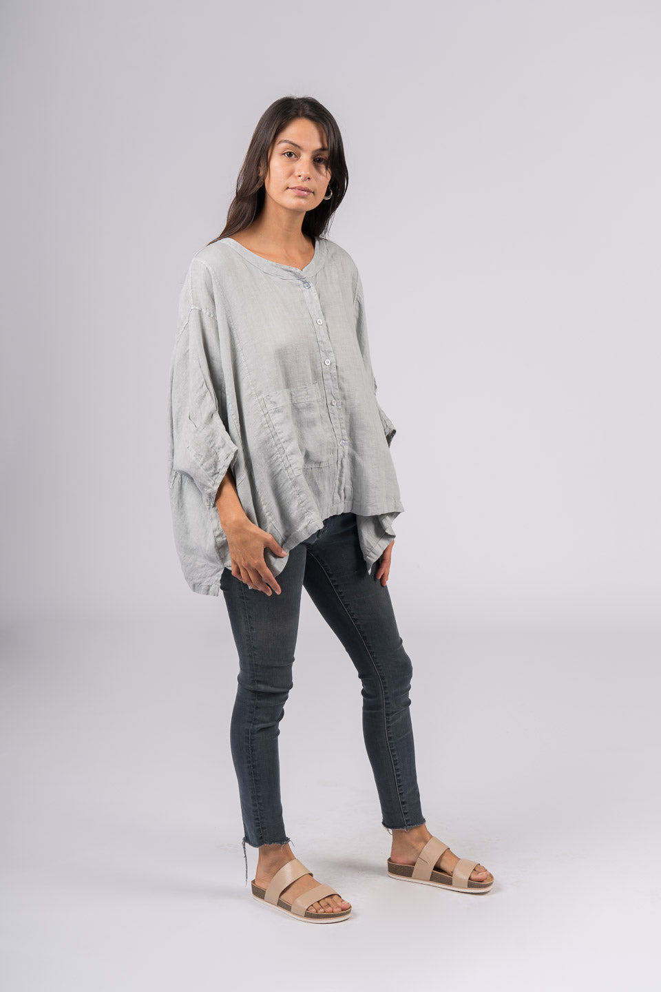 Montaigne Agathe Short Sleeve Linen Top Silver1