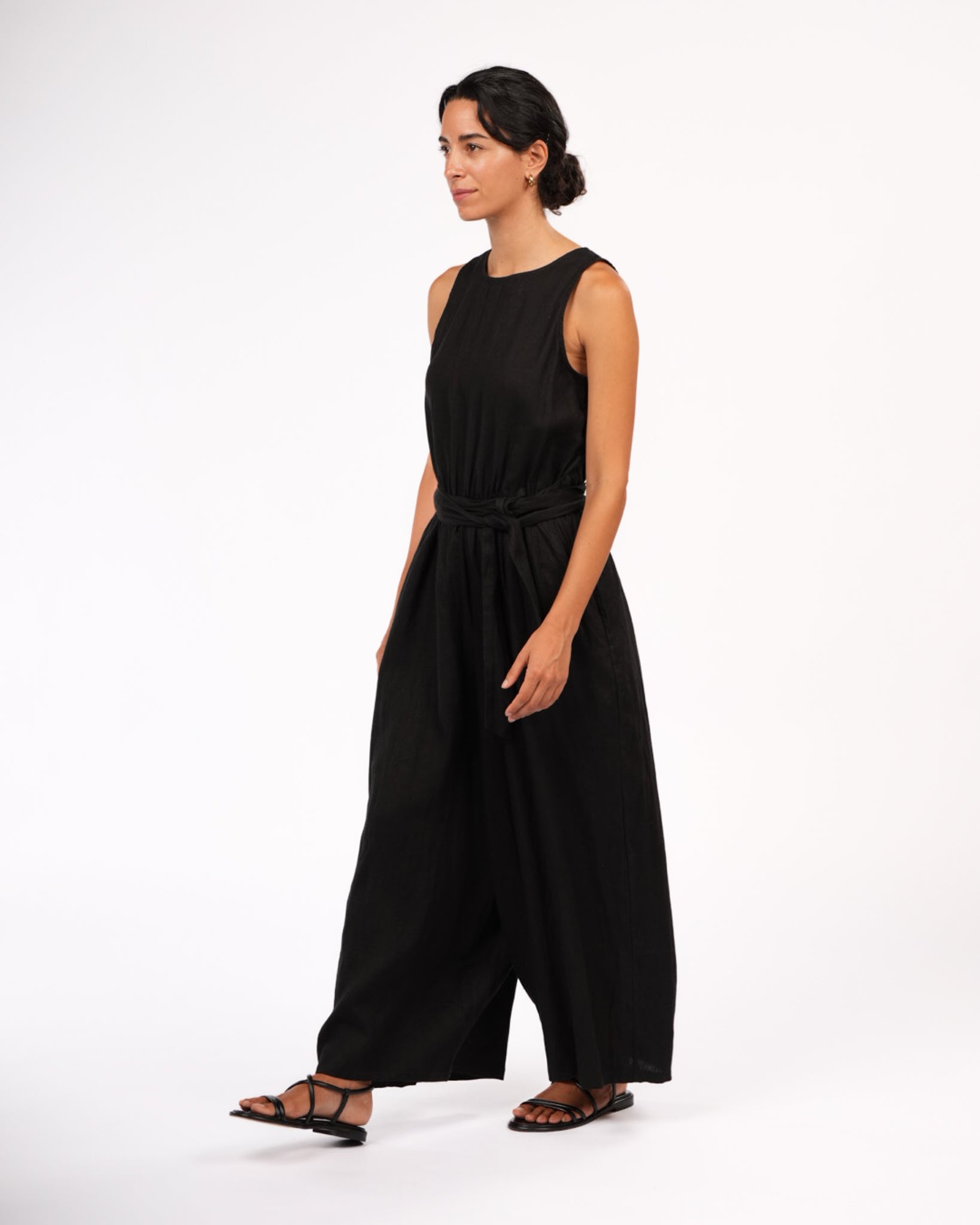 Montaigne Alba French Linen Tie-Waist Jumpsuit Black