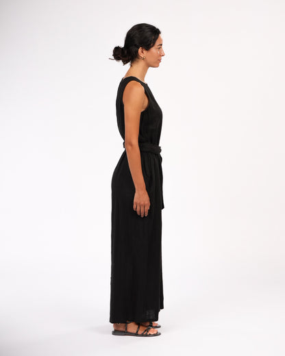 Montaigne Alba French Linen Tie-Waist Jumpsuit Black2