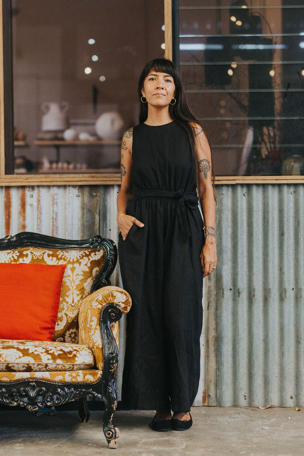 Montaigne Alba French Linen Tie-Waist Jumpsuit Black