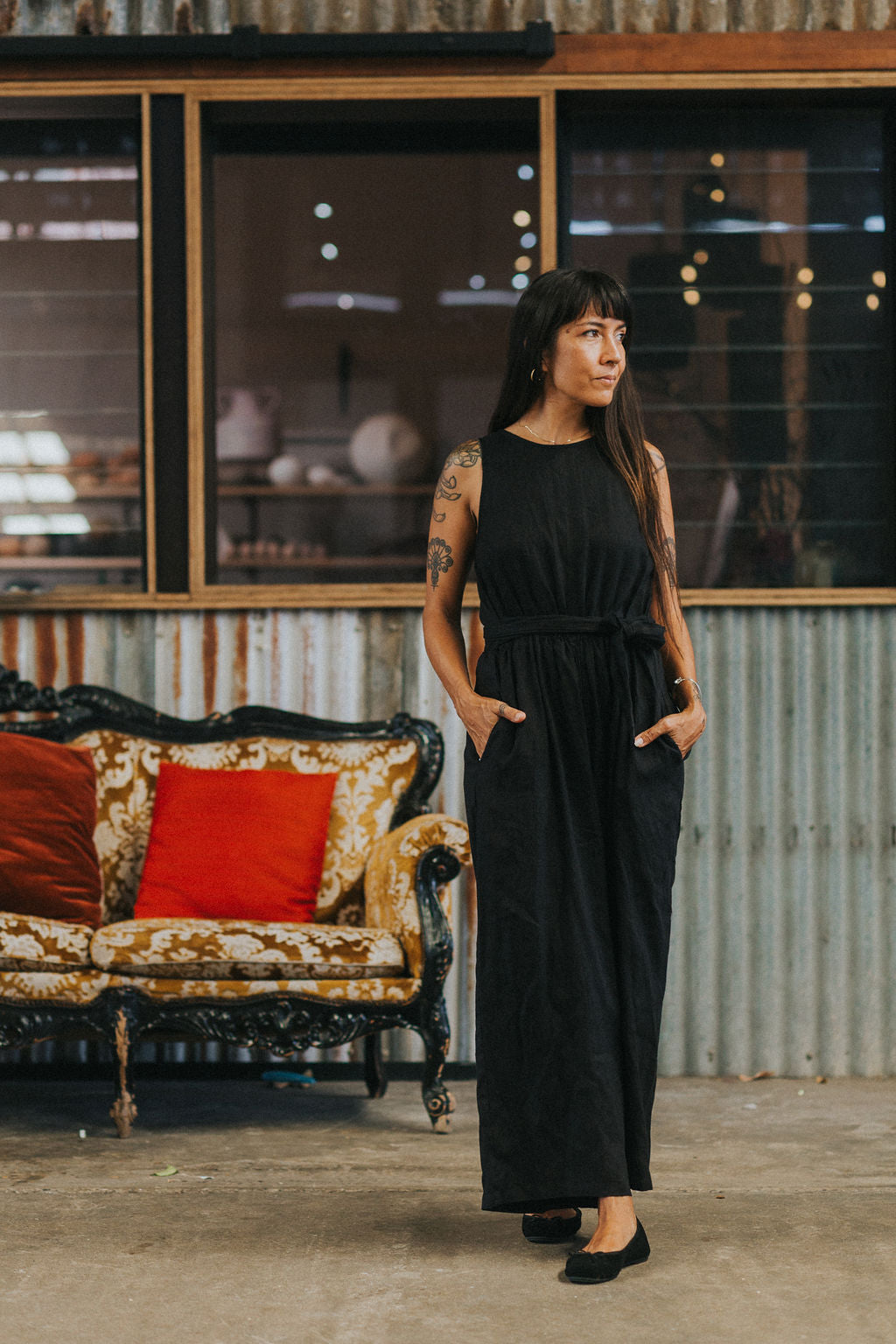 Montaigne Alba French Linen Tie-Waist Jumpsuit Black