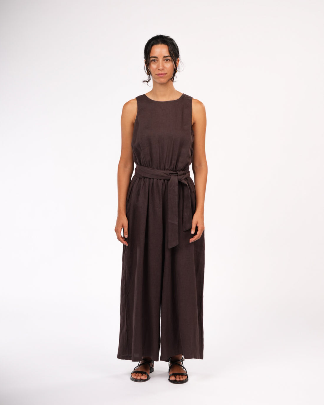 Montaigne Alba French Linen Tie-Waist Jumpsuit Chocolate