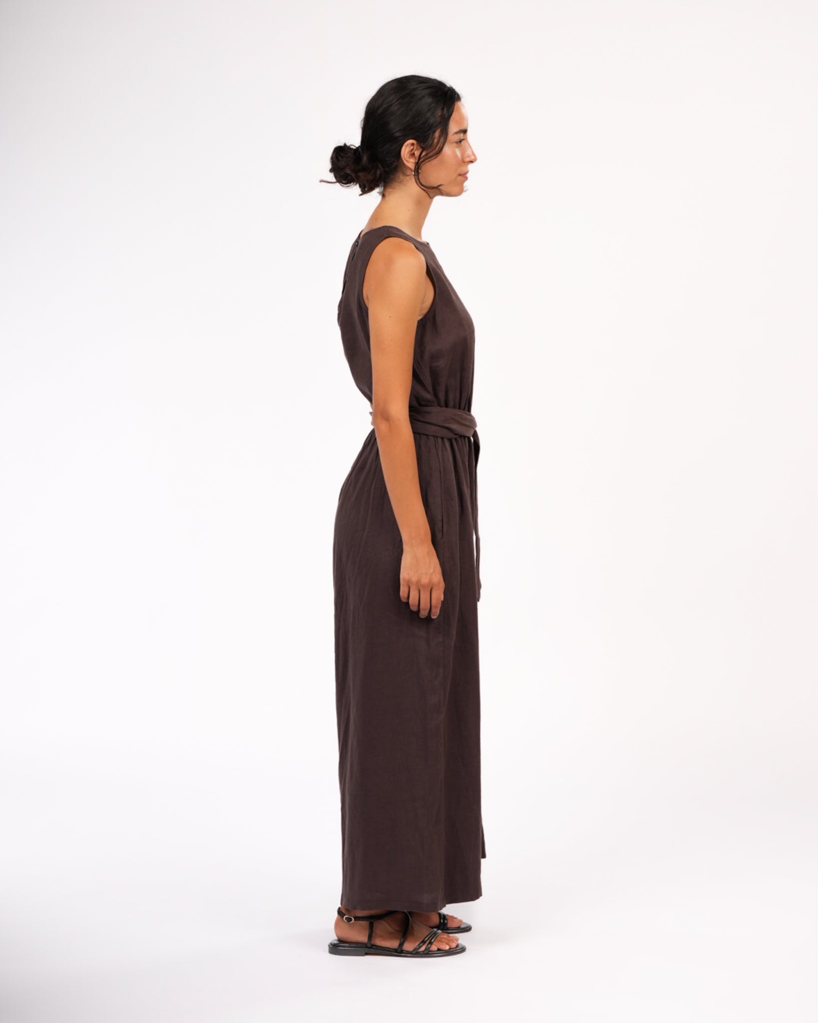 Montaigne Alba French Linen Tie-Waist Jumpsuit Chocolate2