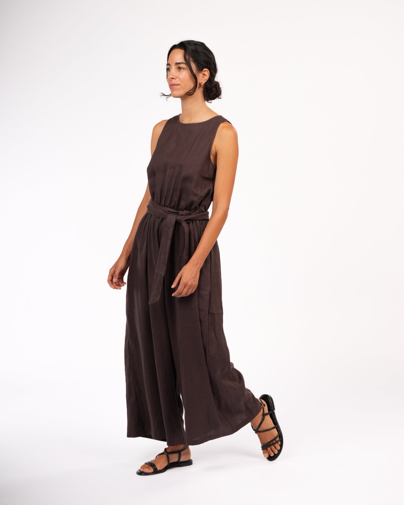 Montaigne Alba French Linen Tie-Waist Jumpsuit Chocolate3