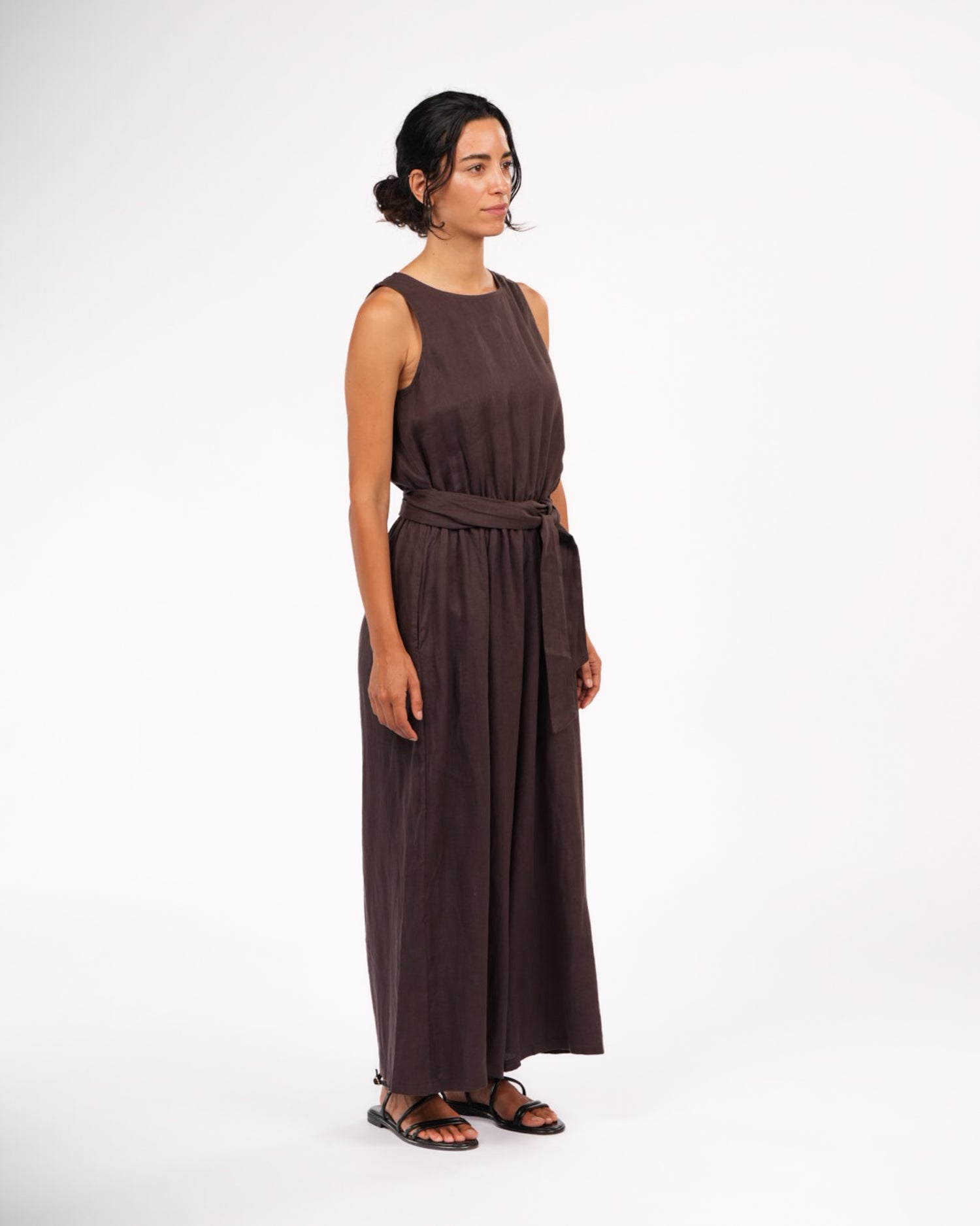 Montaigne Alba French Linen Tie-Waist Jumpsuit Chocolate4