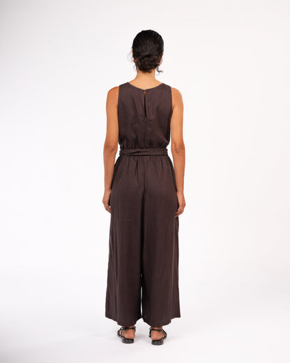 Montaigne Alba French Linen Tie-Waist Jumpsuit Chocolate5