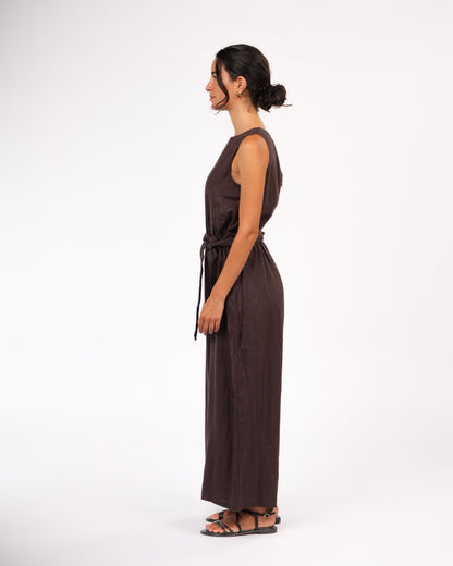 Montaigne Alba French Linen Tie-Waist Jumpsuit Chocolate6