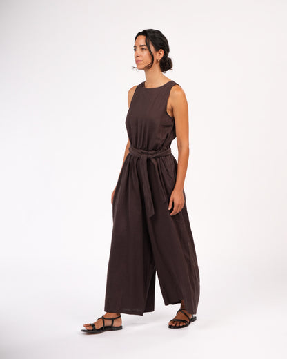 Montaigne Alba French Linen Tie-Waist Jumpsuit Chocolate7