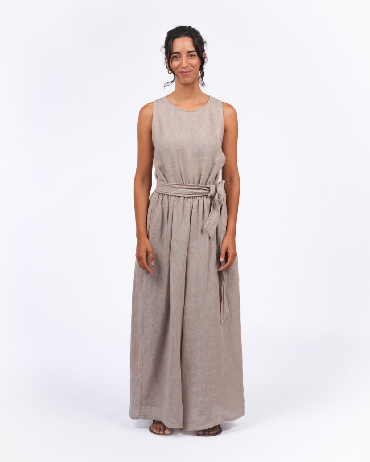 Montaigne Alba French Linen Tie-Waist Jumpsuit In Houndstooth