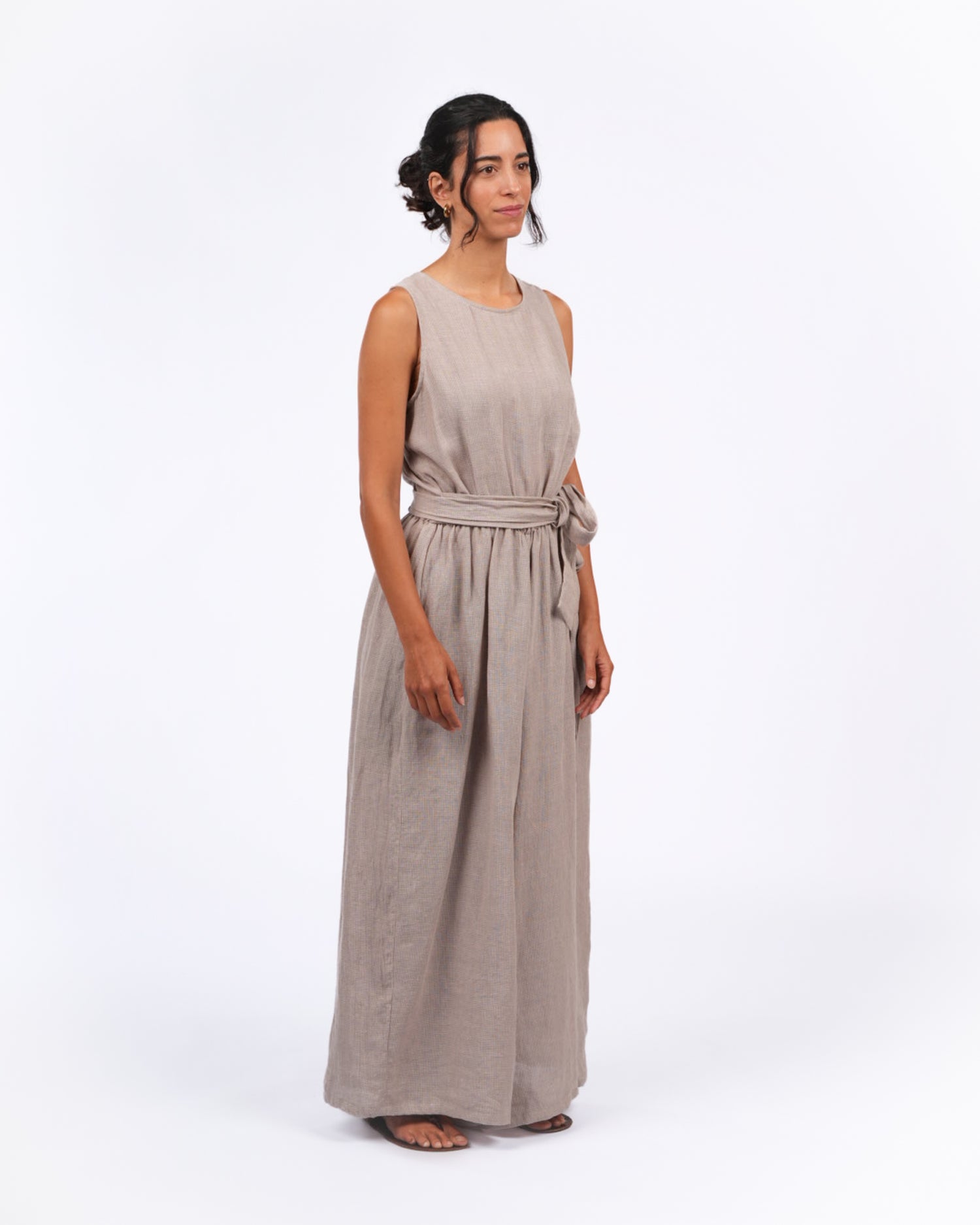 Montaigne Alba French Linen Tie-Waist Jumpsuit In Houndstooth3
