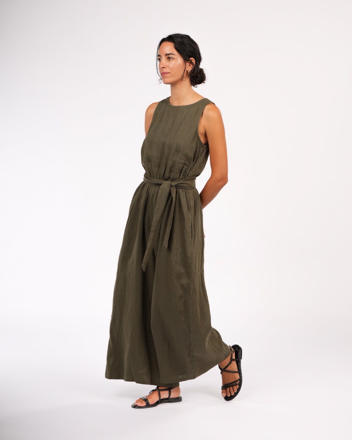 Montaigne Alba French Linen Tie-Waist Jumpsuit Khaki