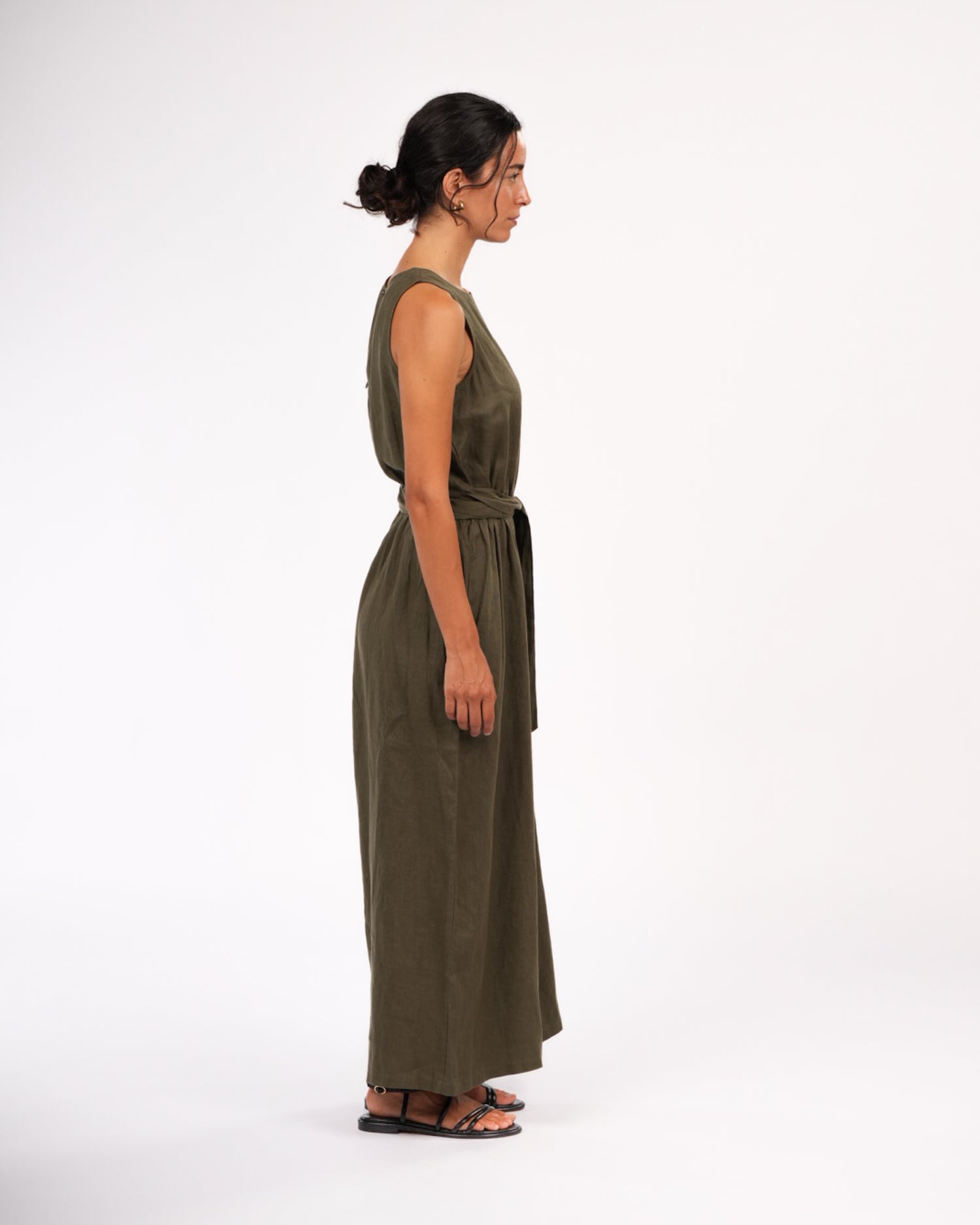 Montaigne Alba French Linen Tie-Waist Jumpsuit Khaki1