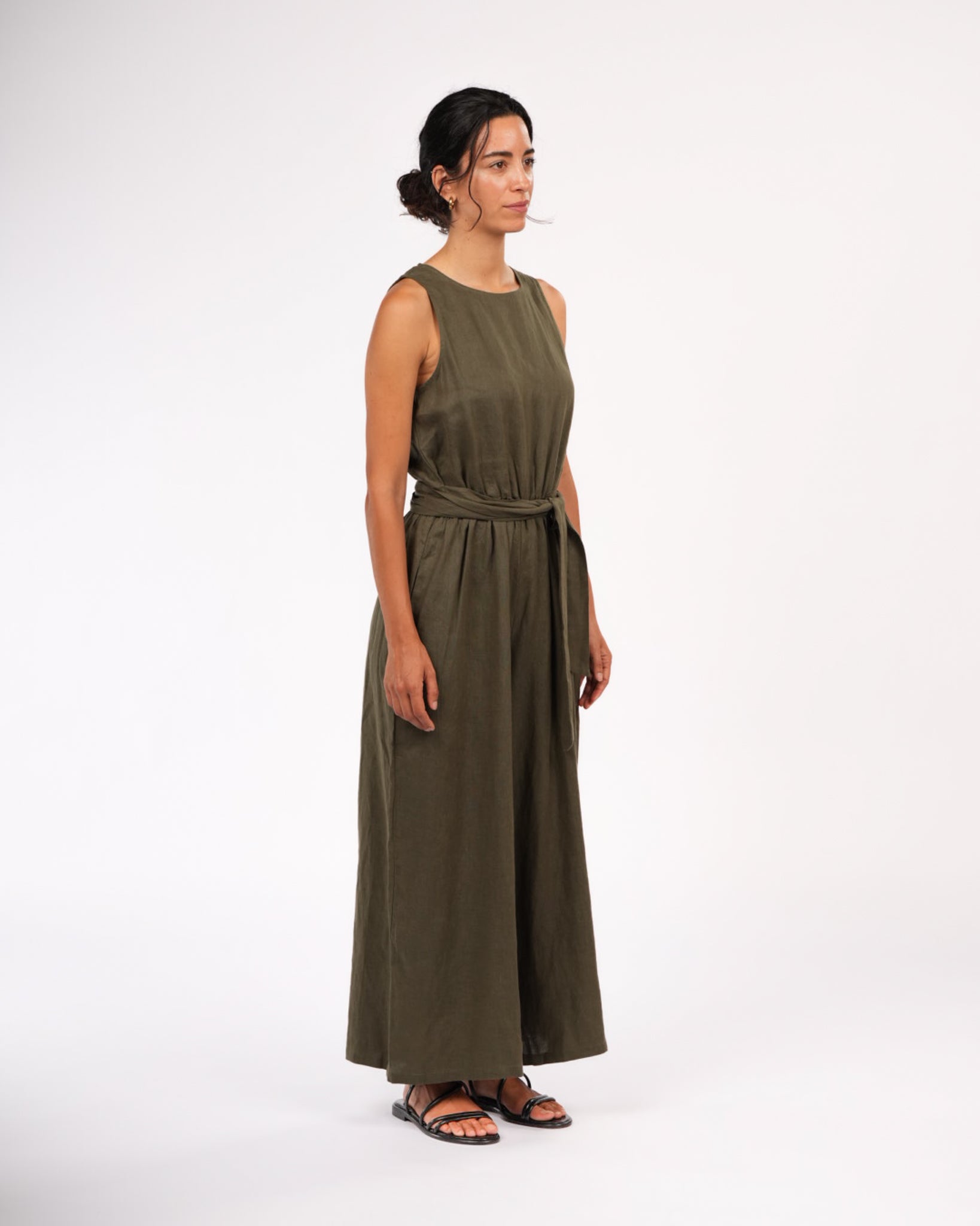 Montaigne Alba French Linen Tie-Waist Jumpsuit Khaki2