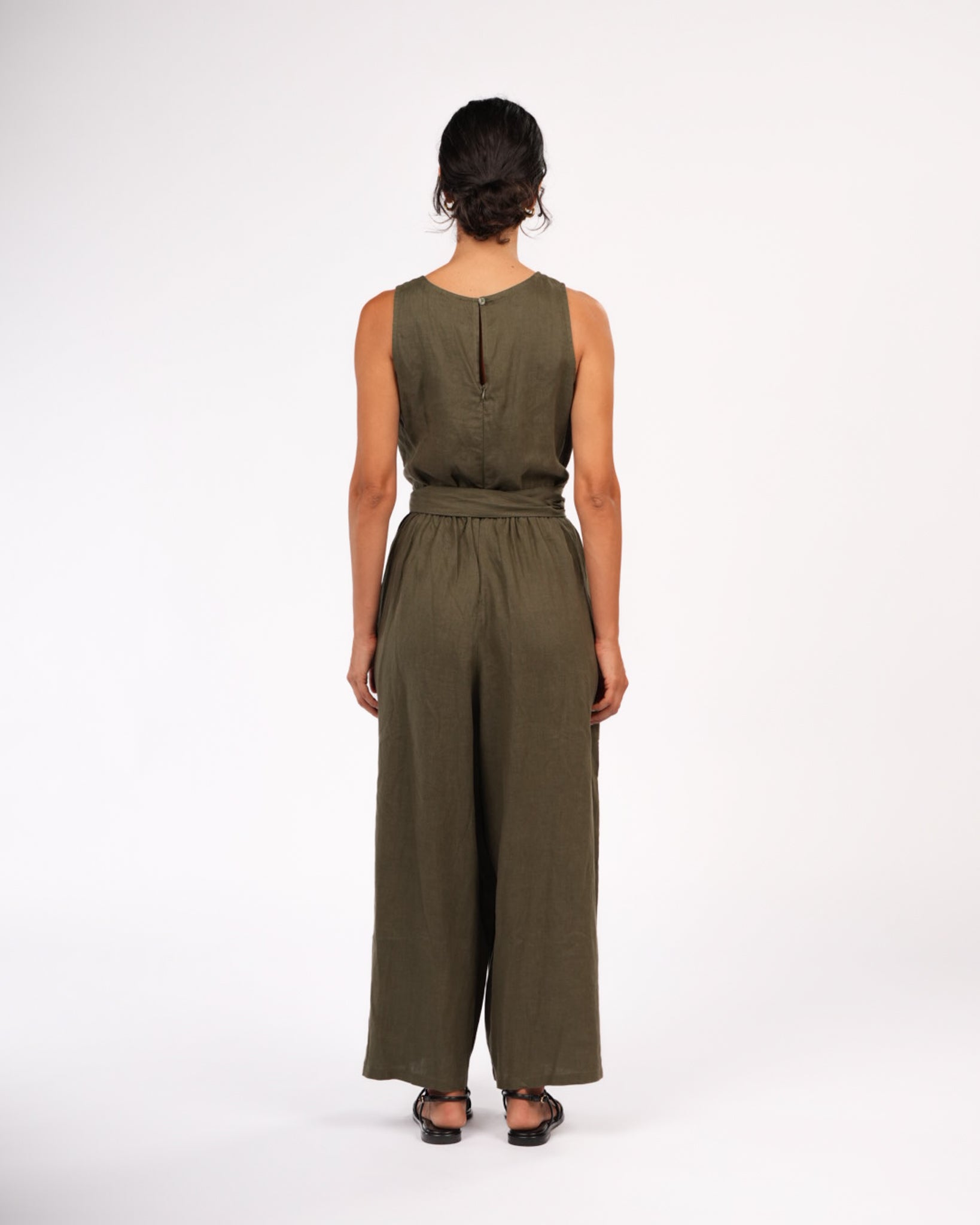 Montaigne Alba French Linen Tie-Waist Jumpsuit Khaki3