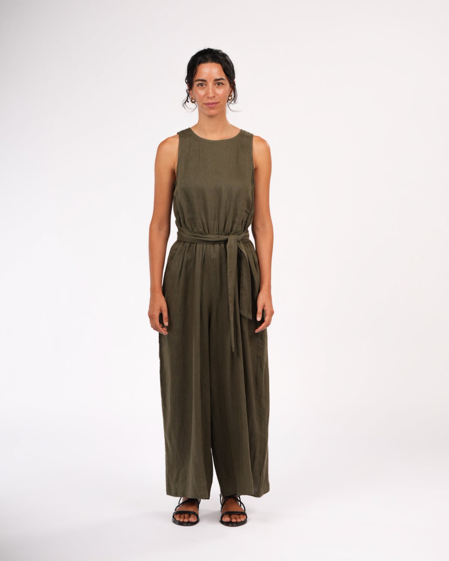 Montaigne Alba French Linen Tie-Waist Jumpsuit Khaki5