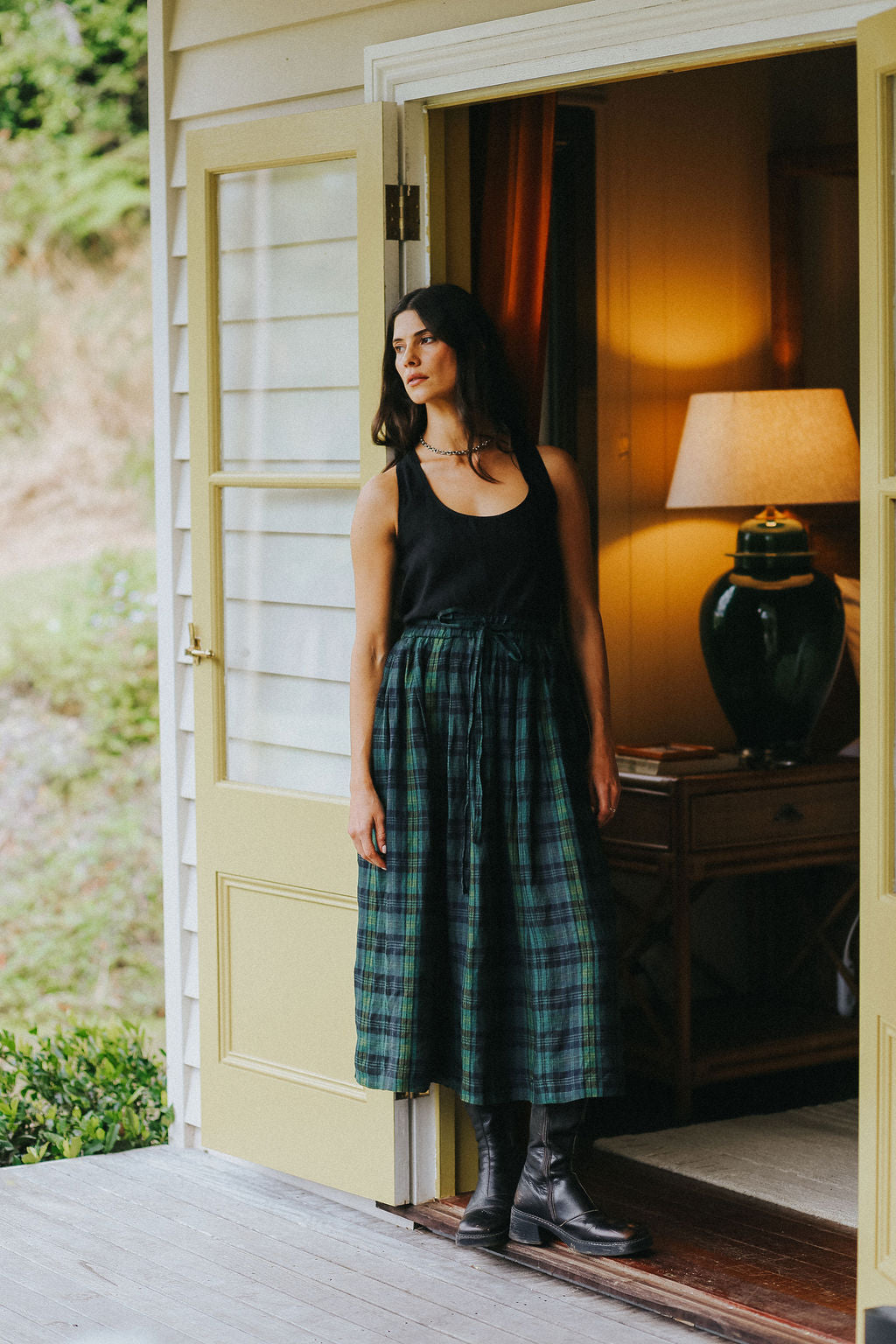 Montaigne Amélie Linen Skirt Green &amp; Black Plaid1