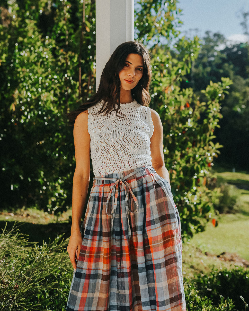 Montaigne Amélie Multi Check Linen Skirt with Belt3