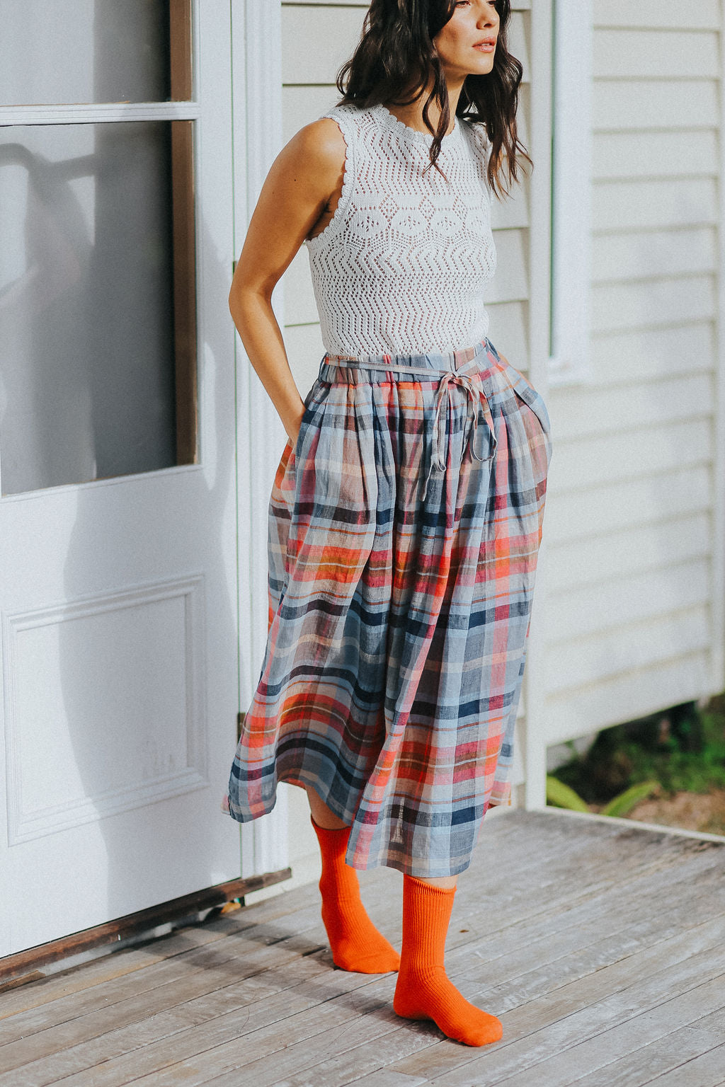 Montaigne Amélie Multi Check Linen Skirt with Belt5