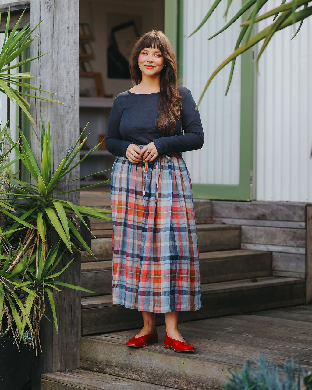 Montaigne Amélie Multi Check Linen Skirt with Belt7