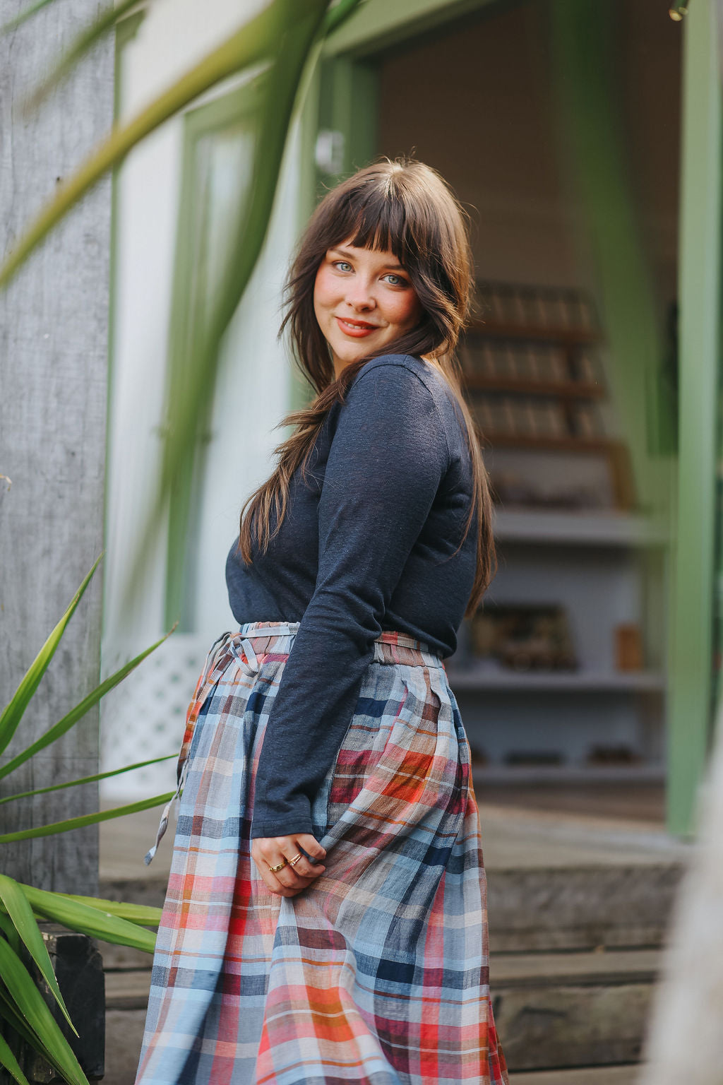 Montaigne Amélie Multi Check Linen Skirt with Belt8