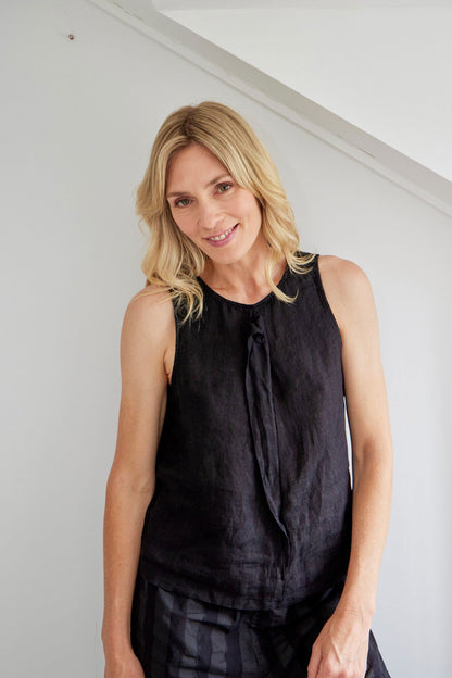 Montaigne Annabelle Linen Top with Rosette Black